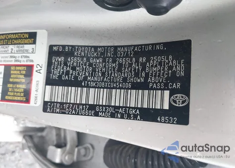 2012 Toyota Avalon z USA, uszkodzony, nr VIN 4T1BK3DBXCU454006
